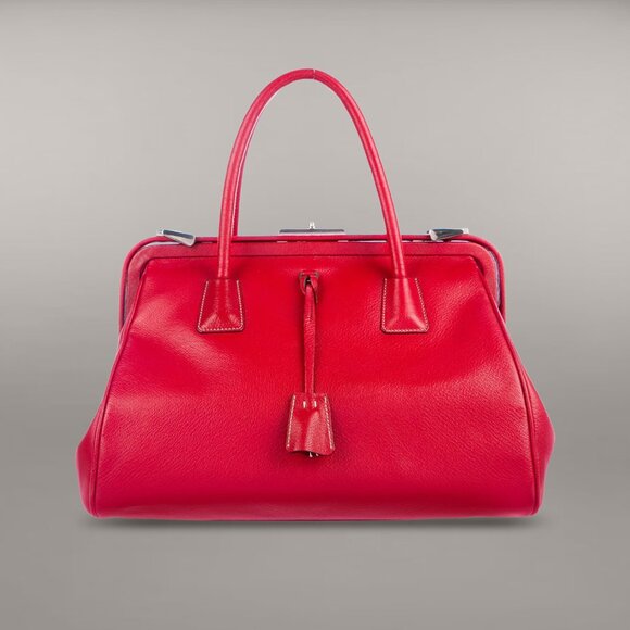 EUC Y2K PRADA Doctor Bag Red Silver Fuoco leather Tote Satchel Madras Cerniera - Picture 1 of 5